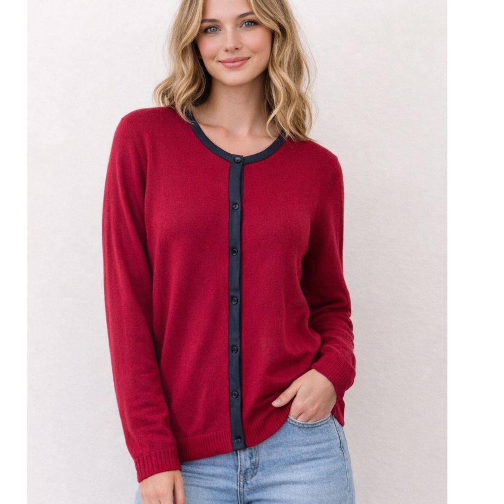 AUGUST SILK Heritage Burgundy Red  Cardigan with Black Faux Leather Trim M NWOT